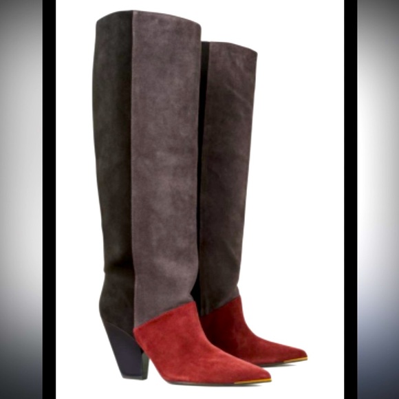 TORY BURCH LILAH PATCHWORKS BLACK GREY LEATHER POINTY TOE WESTERN BOOTS